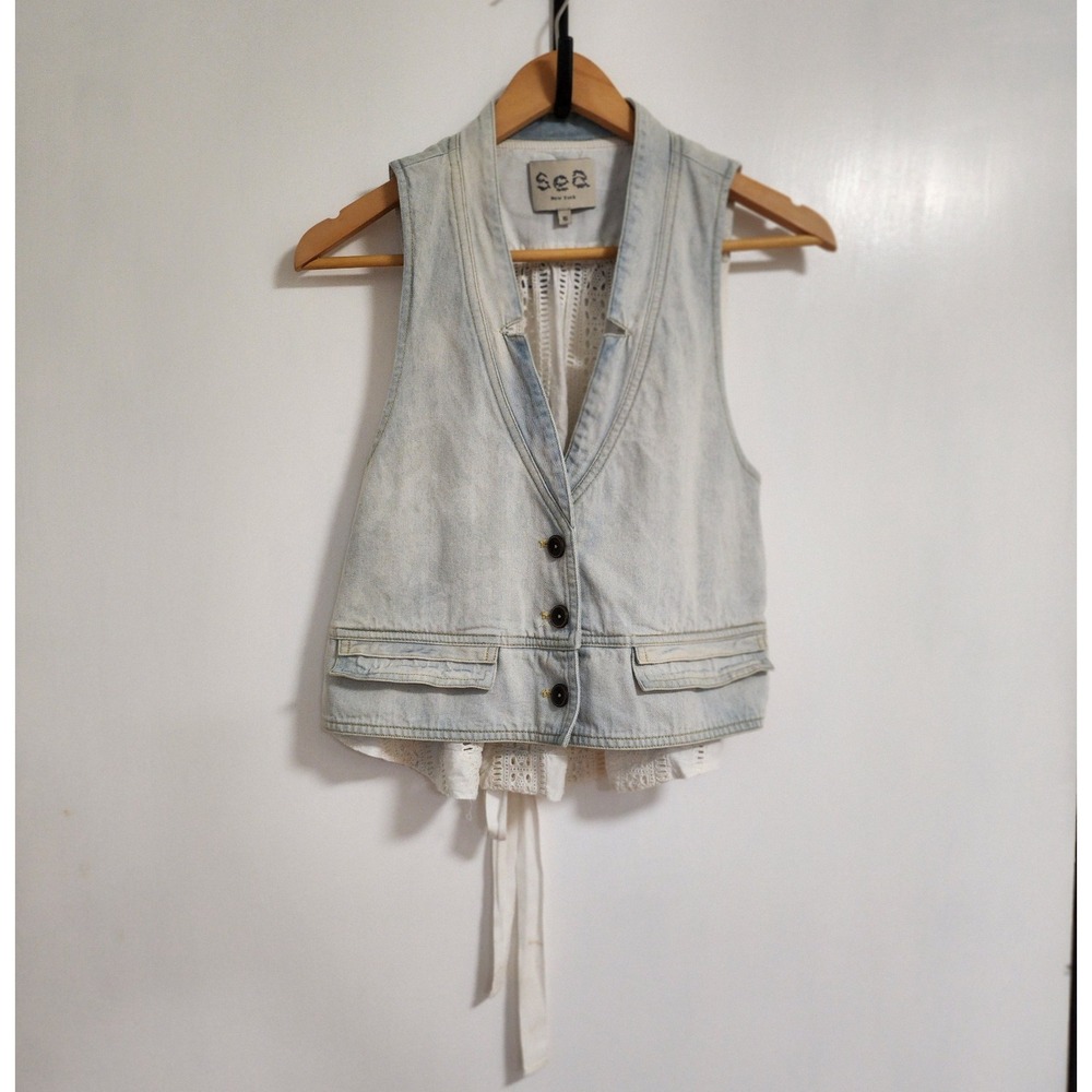 Sea New York Chic Denim And Eyelet Biker Vest Adjustable Tie Light Blue